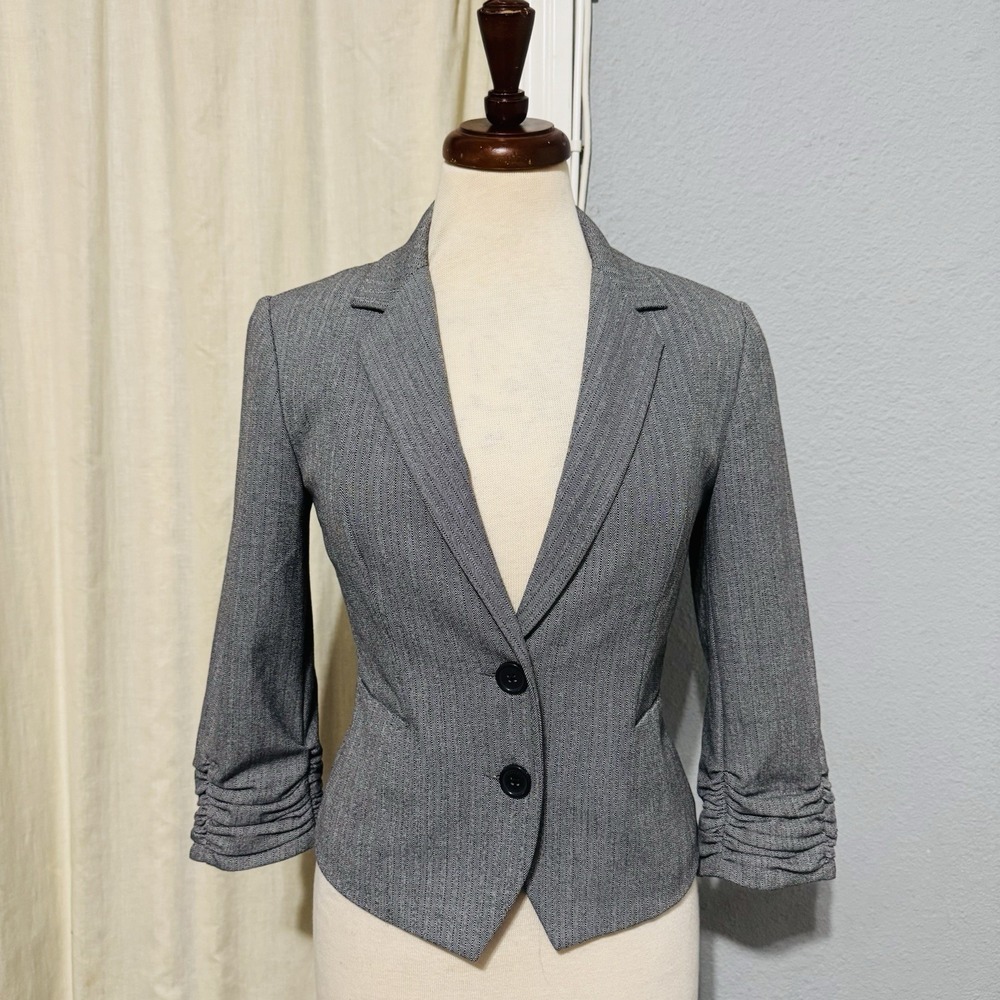 EXPRESS Women‎ Gray Career Dress Single Breasted Blazer Sz 2 3/4 Ruched Sleeve